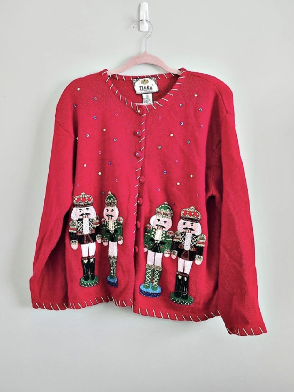Tiara International Vintage Nutcracker Christmas Cardigan Sweater in Red XL